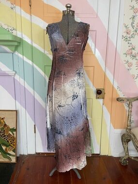 Komarov Floral Watercolor Crinkle & Lace Romantic Midi Dress Sz LP 🧡🎀